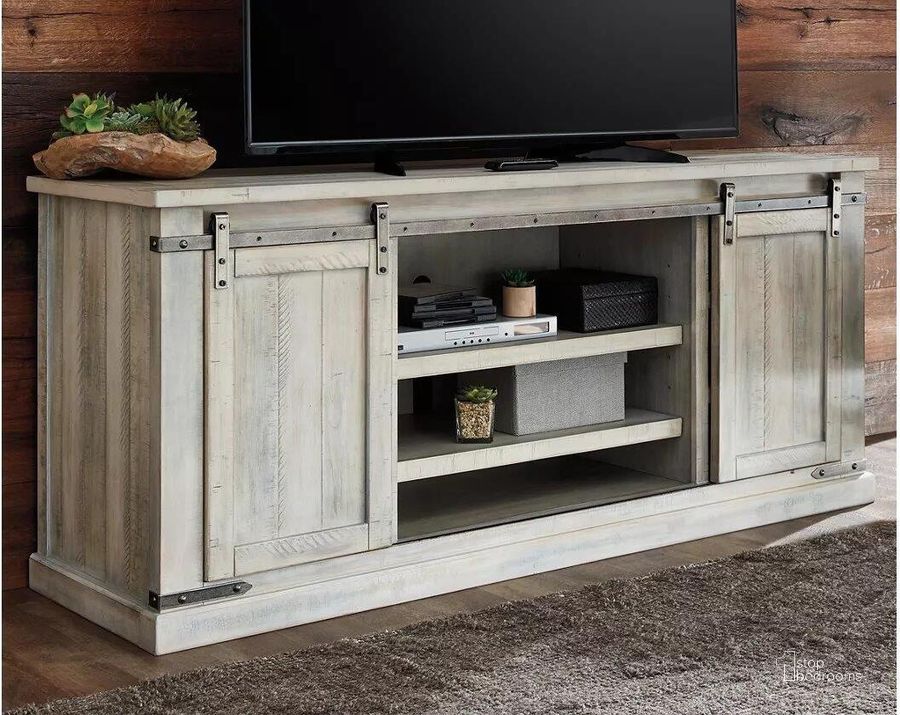 The appearance of Ingramport White Wash TV Stand and TV Console 0qd2342352 designed by Isaac Tahari in the transitional interior design. This white wash piece of furniture  was selected by 1StopBedrooms from Ingramport Collection to add a touch of cosiness and style into your home. Sku: W755-68. Material: Wood. Product Type: TV Stand. Image1