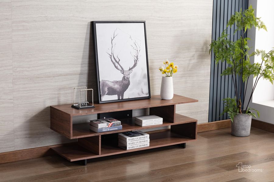The appearance of Iris Brown Walnut Finish TV Stand With 2 Levels Of Shelves And Black Legs designed by Lilola Home in the modern / contemporary interior design. This brown piece of furniture  was selected by 1StopBedrooms from Iris Collection to add a touch of cosiness and style into your home. Sku: 97001. Product Type: TV Stand. Material: Melamine. Image1
