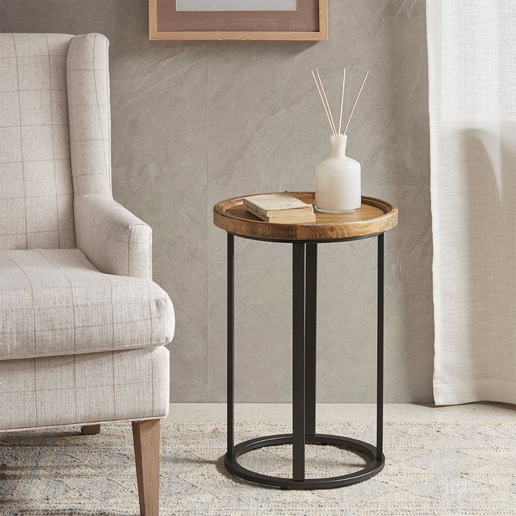 The appearance of Irisa Round Accent Table In Reclaimed Oak/Iron designed by Olliix in the country / farmhouse interior design. This reclaimed oak/iron piece of furniture  was selected by 1StopBedrooms from Irisa Collection to add a touch of cosiness and style into your home. Sku: MT120-0026. Product Type: Accent Table. Material: MDF. Image1