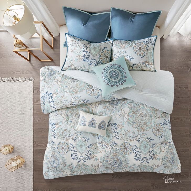The appearance of Isla Cotton Printed Reversible 8Pcs California King Comforter Set In Blue designed by Olliix in the modern / contemporary interior design. This blue piece of furniture  was selected by 1StopBedrooms from Isla Collection to add a touch of cosiness and style into your home. Sku: MP10-5805. Material: Polyester. Bed Size: California King. Product Type: Comforter Set. Image1