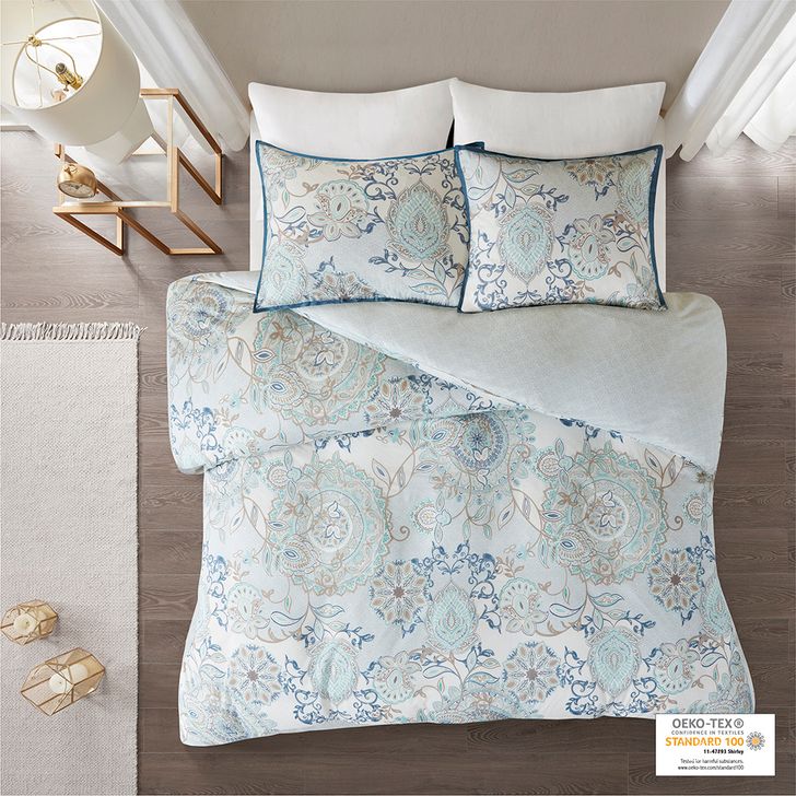The appearance of Isla Cotton Printed Reversible Queen Duvet Cover Set In Blue designed by Olliix in the modern / contemporary interior design. This blue piece of furniture  was selected by 1StopBedrooms from Isla Collection to add a touch of cosiness and style into your home. Sku: MP12-5806. Material: Polyester. Bed Size: Queen. Product Type: Duvet Cover Set. Image1