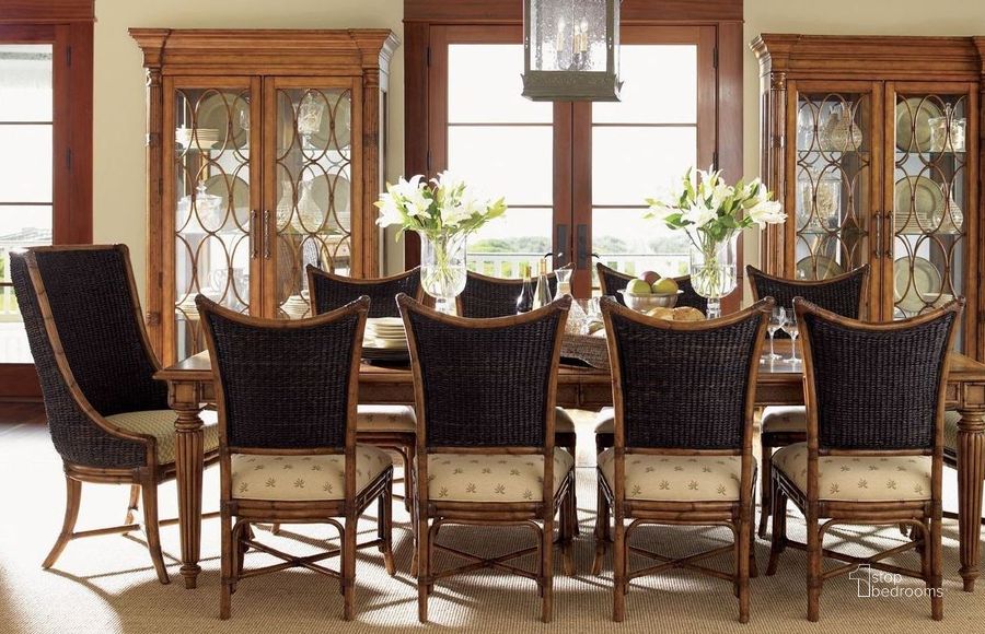 The appearance of Island Estate Plantation Brown Grenadine Extendable Rectangular Dining Room Set designed by Tommy Bahama in the traditional interior design. This brown piece of furniture  was selected by 1StopBedrooms from Island Estate Collection to add a touch of cosiness and style into your home. Sku: 01-0531-877;01-0531-882-01. Table Base Style: Legs. Product Type: Dining Room Set. Material: Rattan. Table Top Shape: Rectangular. Size: 73". Image1