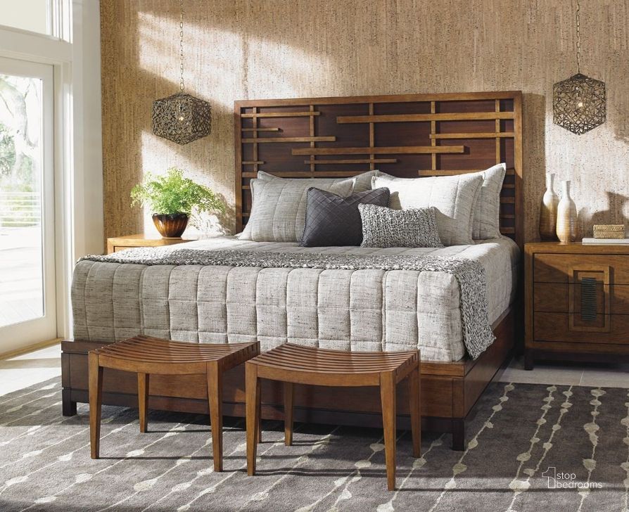 The appearance of Island Fusion Shanghai Panel Bedroom Set designed by Tommy Bahama in the transitional interior design. This brown piece of furniture  was selected by 1StopBedrooms from Island Fusion Collection to add a touch of cosiness and style into your home. Sku: 01-0556-143C;01-0556-622. Bed Type: Panel Bed. Material: Wood. Product Type: Panel Bed. Bed Size: Queen. Image1