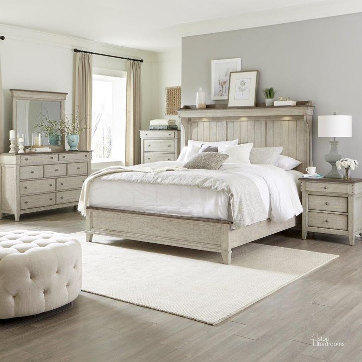 The appearance of Ivy Hollow Weathered Linen And Dusty Taupe Mantle Panel Bedroom Set designed by Liberty in the transitional interior design. This cream piece of furniture  was selected by 1StopBedrooms from Ivy Hollow Collection to add a touch of cosiness and style into your home. Sku: 457-BR13M;457-BR14;457-BR90M;457-BR61. Bed Type: Panel Bed. Product Type: Panel Bed. Bed Size: Queen. Material: Wood Veneer. Image1