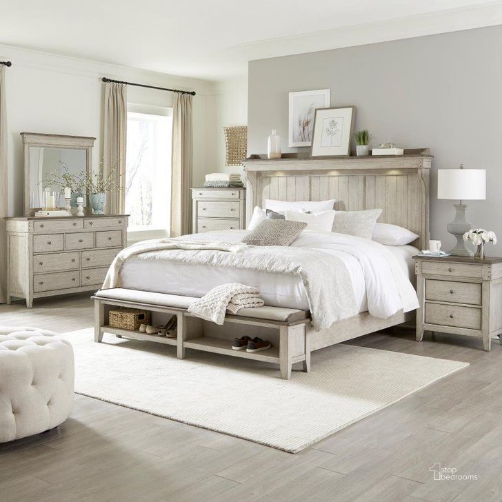 The appearance of Ivy Hollow Weathered Linen And Dusty Taupe Mantle Storage Bedroom Set designed by Liberty in the transitional interior design. This cream piece of furniture  was selected by 1StopBedrooms from Ivy Hollow Collection to add a touch of cosiness and style into your home. Sku: 457-BR13M;457-BR14FS;457-BR90M;457-BR61. Bed Type: Storage Bed. Product Type: Storage Bed. Bed Size: Queen. Material: Wood Veneer. Image1