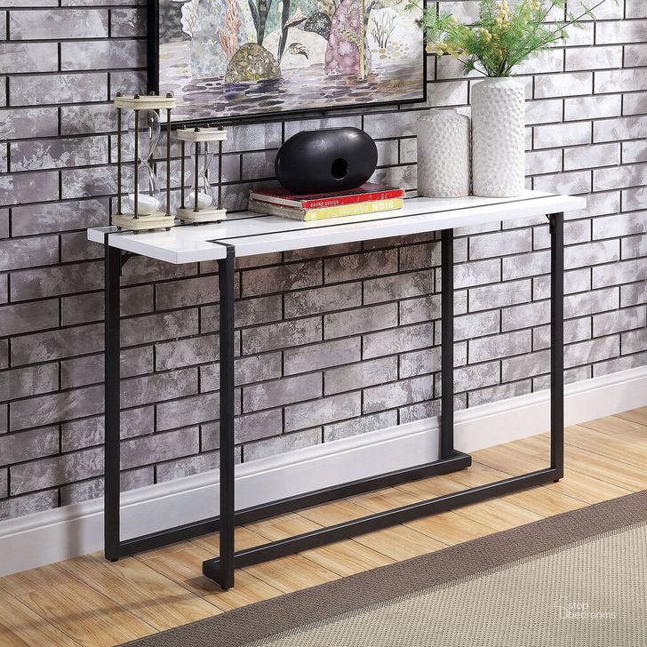 The appearance of Izar Sofa Table In White and Gun Metal designed by Furniture of America in the modern / contemporary interior design. This white and gun metal piece of furniture  was selected by 1StopBedrooms from Izar Collection to add a touch of cosiness and style into your home. Sku: FOA4799S-1;FOA4799S-2. Material: Metal. Product Type: Sofa Table. Image1