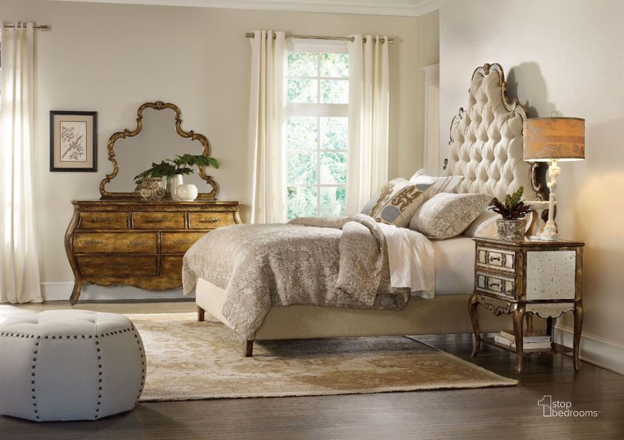 The appearance of Sanctuary Beige Bling Tufted Platform Bedroom Set designed by Hooker in the traditional interior design. This beige piece of furniture  was selected by 1StopBedrooms from Sanctuary Collection to add a touch of cosiness and style into your home. Sku: 3016-90851;3016-90952;3016-90015. Bed Type: Platform Bed. Material: Wood. Product Type: Platform Bed. Bed Size: Queen. Image1