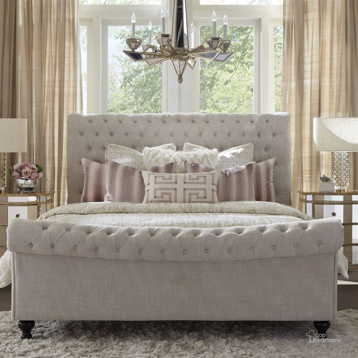 The appearance of Jackie Crepe Cal King Upholstered Sleigh Bed designed by Parker House in the transitional interior design. This beige piece of furniture  was selected by 1StopBedrooms from Jackie Collection to add a touch of cosiness and style into your home. Sku: BJAC#9500HB-CRP;BJAC#9510FB-CRP;BJAC#9515R-CRP. Bed Type: Sleigh Bed. Product Type: Sleigh Bed. Bed Size: California King. Image1