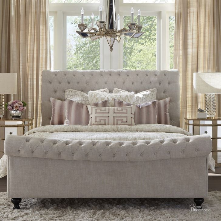 The appearance of Jackie Crepe King Upholstered Sleigh Bed designed by Parker House in the traditional interior design. This beige piece of furniture  was selected by 1StopBedrooms from Jackie Collection to add a touch of cosiness and style into your home. Sku: BJAC#9000HB-CRP;BJAC#9010FB-CRP;BJAC#9015R-CRP. Bed Type: Sleigh Bed. Product Type: Sleigh Bed. Bed Size: King. Image1