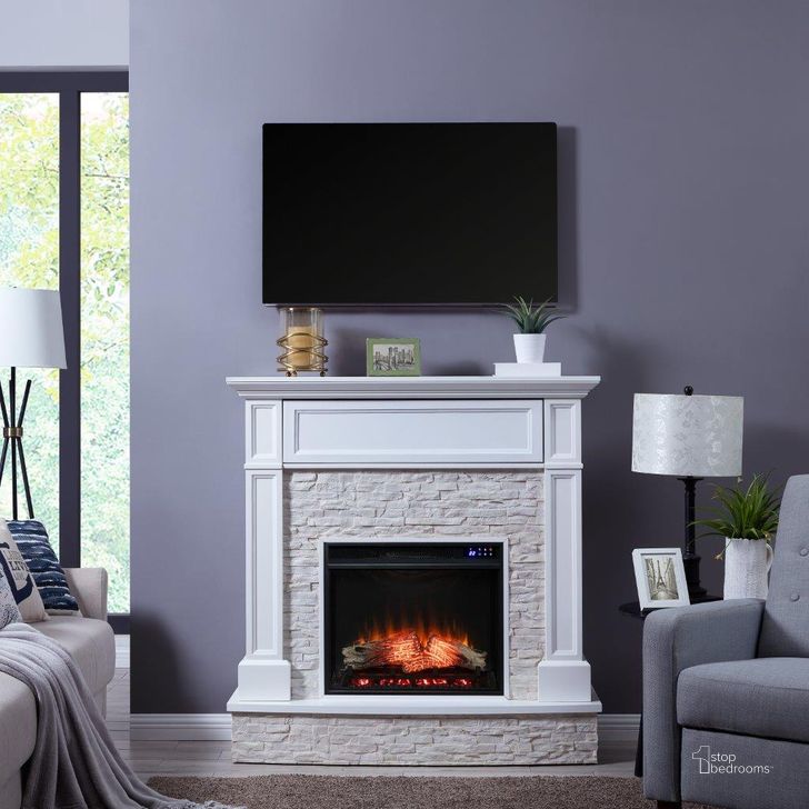 The appearance of Jacksdale Touch Screen Electric Media Fireplace With Faux Stone designed by SEI Furniture in the modern / contemporary interior design. This white piece of furniture  was selected by 1StopBedrooms from Jacksdale Collection to add a touch of cosiness and style into your home. Sku: FR9365. Material: Wood. Product Type: Fireplace. Image1