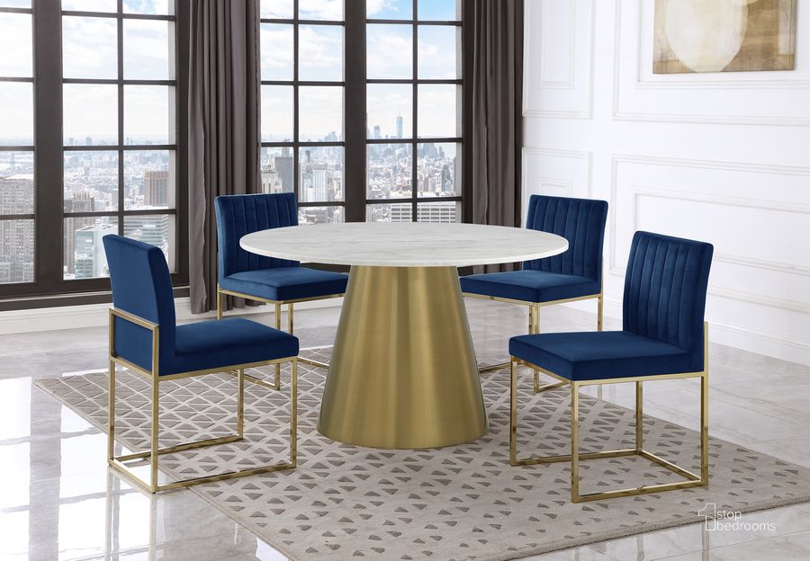 The appearance of Jacobsen Navy Velvet Round 5-Piece Dining Set designed by Best Master Furniture in the modern / contemporary interior design. This navy piece of furniture  was selected by 1StopBedrooms from Jacobsen Collection to add a touch of cosiness and style into your home. Sku: J024VNG5. Product Type: Dining Room Set. Material: Velvet. Image1