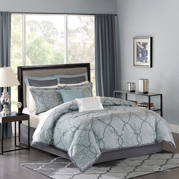 The appearance of Jacquard 12 Piece Queen Comforter Set In Blue designed by Olliix in the glam interior design. This blue piece of furniture  was selected by 1StopBedrooms from Lavine Collection to add a touch of cosiness and style into your home. Sku: MP10-1665. Material: Polyester. Bed Size: Queen. Product Type: Comforter Set. Image1