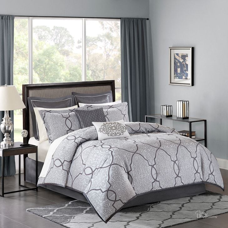 The appearance of Jacquard 12 Piece Queen Comforter Set In Silver designed by Olliix in the glam interior design. This silver piece of furniture  was selected by 1StopBedrooms from Lavine Collection to add a touch of cosiness and style into your home. Sku: MP10-4044. Material: Polyester. Bed Size: Queen. Product Type: Comforter Set. Image1
