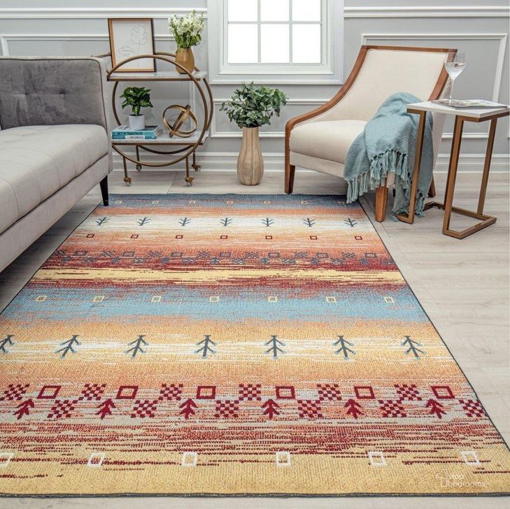 The appearance of Jaelyn JD25A Warm Horizon Tribal Bohemian Yellow 8' x 10' Area Rug designed by Rugs America in the coastal interior design. This yellow and red piece of furniture  was selected by 1StopBedrooms from Jaelyn Collection to add a touch of cosiness and style into your home. Sku: RA31648. Material: Polyester. Product Type: Area Rugs. Image1