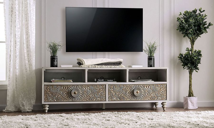 The appearance of Jakarta Antique White TV Console designed by Furniture of America in the transitional interior design. This white piece of furniture  was selected by 1StopBedrooms from Jakarta Collection to add a touch of cosiness and style into your home. Sku: FOA7882TV. Material: Wood. Product Type: TV Stands and TV Console. Image1