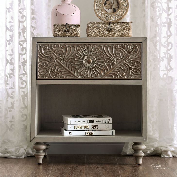 The appearance of Jakarta Night Stand In Antique White designed by Furniture of America in the transitional interior design. This antique white piece of furniture  was selected by 1StopBedrooms from Jakarta Collection to add a touch of cosiness and style into your home. Sku: FOA7882N. Material: Wood. Product Type: Nightstand. Image1