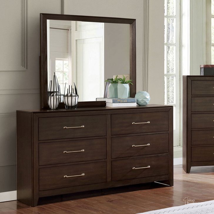 The appearance of Jamie Dresser With Support Rail In Walnut designed by Furniture of America in the transitional interior design. This walnut piece of furniture  was selected by 1StopBedrooms from Jamie Collection to add a touch of cosiness and style into your home. Sku: FOA7917D. Material: Wood. Product Type: Dresser. Image1