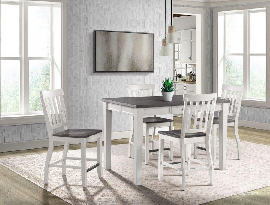 The appearance of Jamison Gray and White Storage Counter Height Extendable Dining Room Set designed by Picket House in the country / farmhouse interior design. This white and gray piece of furniture  was selected by 1StopBedrooms from Jamison Collection to add a touch of cosiness and style into your home. Sku: DKY350CT;DKY350CSC. Table Base Style: Legs. Table Top Shape: Square. Product Type: Dining Room Set. Material: Rubberwood. Size: 52". Image1