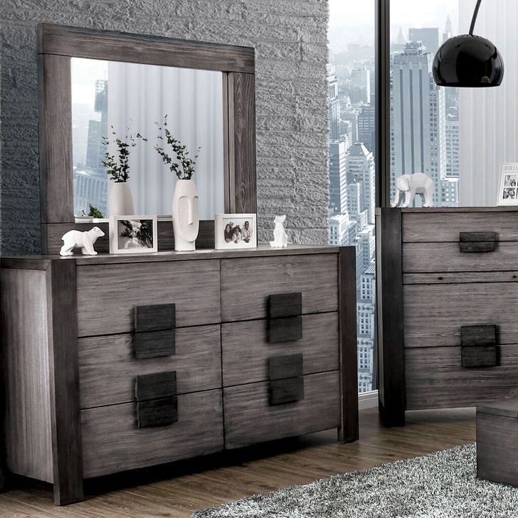 The appearance of Janeiro Dresser In Gray designed by Furniture of America in the rustic / southwestern interior design. This gray piece of furniture  was selected by 1StopBedrooms from Janeiro Collection to add a touch of cosiness and style into your home. Sku: CM7628GY-D. Material: Wood. Product Type: Dresser.