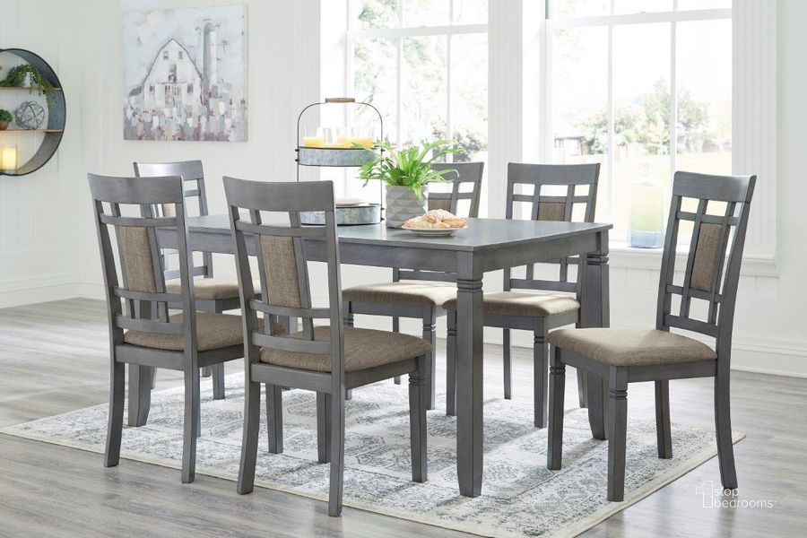 The appearance of Jayemyer Charcoal Gray Rect Drm Table Set Of 7 designed by Signature Design by Ashley in the modern / contemporary interior design. This charcoal gray piece of furniture  was selected by 1StopBedrooms from Jayemyer Collection to add a touch of cosiness and style into your home. Sku: D368-425. Material: Fabric. Product Type: Dining Room Set. Image1