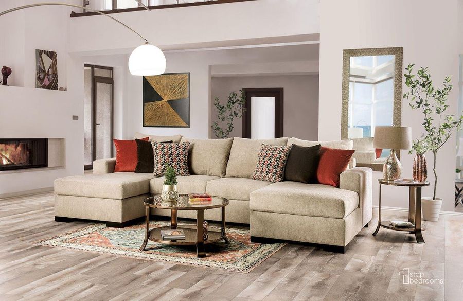 The appearance of Jayla Sectional In Beige designed by Furniture of America in the transitional interior design. This beige piece of furniture  was selected by 1StopBedrooms from Jayla Collection to add a touch of cosiness and style into your home. Sku: SM6225-SECT. Material: Wood. Product Type: Sectional. Layout: Sofa & Chaise.