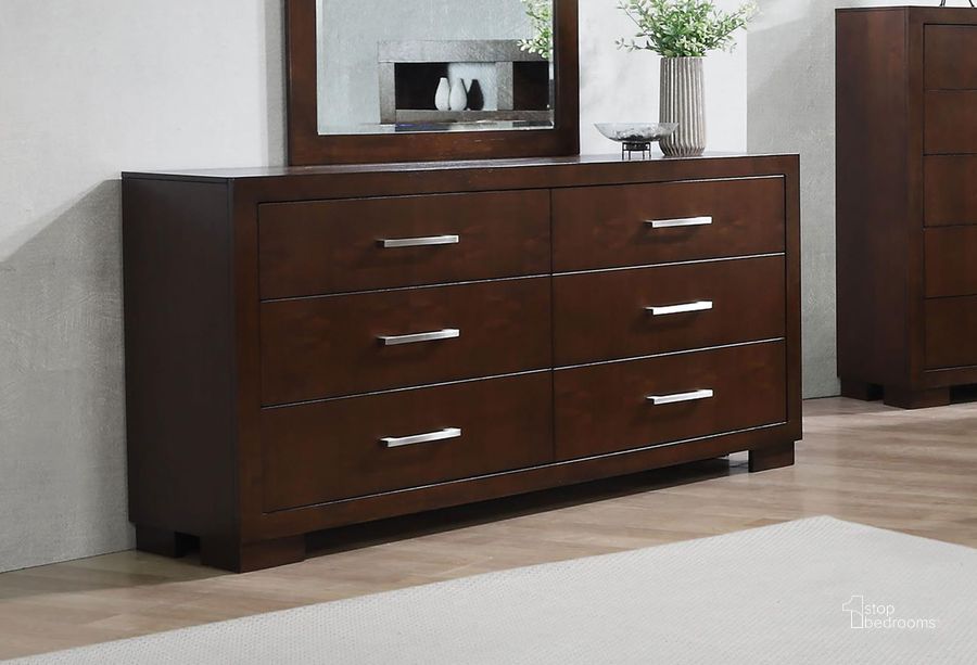The appearance of Jessica Dark Cappuccino Dresser designed by Coaster in the modern / contemporary interior design. This brown piece of furniture  was selected by 1StopBedrooms from Jessica Collection to add a touch of cosiness and style into your home. Sku: 200713. Material: Wood. Product Type: Dresser. Image1