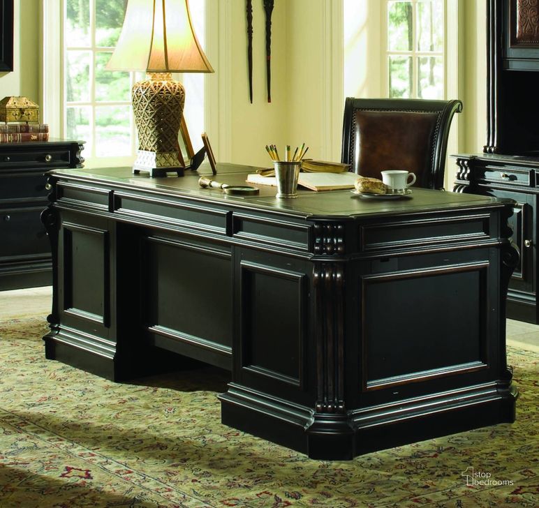 The appearance of Telluride Black Executive Desk designed by Hooker in the traditional interior design. This black piece of furniture  was selected by 1StopBedrooms from Telluride Collection to add a touch of cosiness and style into your home. Sku: 370-10-563. Material: Wood. Product Type: Executive Desk. Image1
