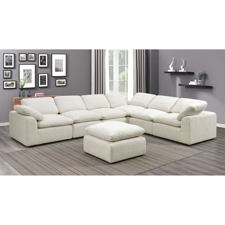 The appearance of Joel Sectional In Cream designed by Furniture of America in the modern / contemporary interior design. This cream piece of furniture  was selected by 1StopBedrooms from Joel Collection to add a touch of cosiness and style into your home. Sku: CM6974BG-CNR;CM6974BG-AC. Product Type: Sectional. Material: Chenille.