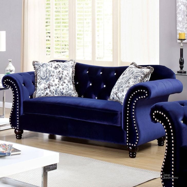 The appearance of Jolanda Loveseat In Blue designed by Furniture of America in the glam interior design. This blue piece of furniture  was selected by 1StopBedrooms from Jolanda Collection to add a touch of cosiness and style into your home. Sku: CM6159BL-LV-VN. Material: Wood. Product Type: Loveseat. Image1