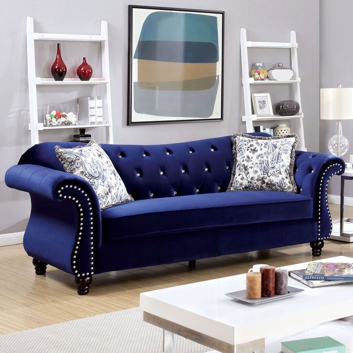 The appearance of Jolanda Sofa In Blue designed by Furniture of America in the glam interior design. This blue piece of furniture  was selected by 1StopBedrooms from Jolanda Collection to add a touch of cosiness and style into your home. Sku: CM6159BL-SF-VN. Material: Wood. Product Type: Sofa. Image1