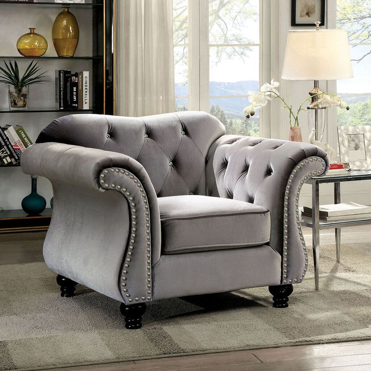 The appearance of Jolanda Chair In Gray designed by Furniture of America in the glam interior design. This gray piece of furniture  was selected by 1StopBedrooms from Jolanda Collection to add a touch of cosiness and style into your home. Sku: CM6159GY-CH-VN. Material: Wood. Product Type: Chair. Image1
