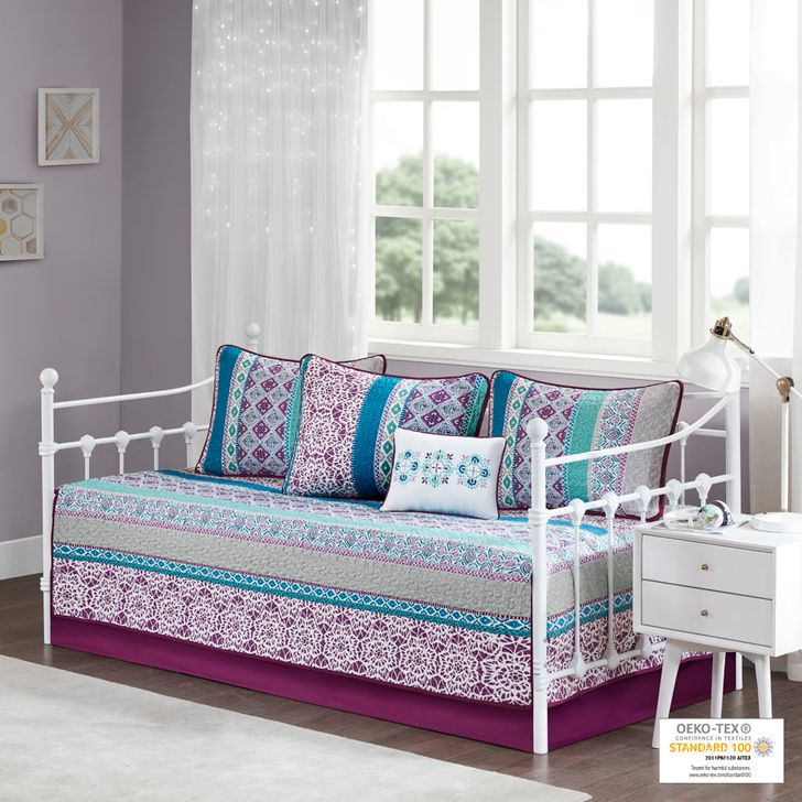 The appearance of Joni Polyester Brushed Printed 6Pcs Boho Daybed Set In Purple designed by Olliix in the transitional interior design. This purple piece of furniture  was selected by 1StopBedrooms from Joni Collection to add a touch of cosiness and style into your home. Sku: ID13-1414. Material: Polyester. Product Type: Comforter Set. Image1