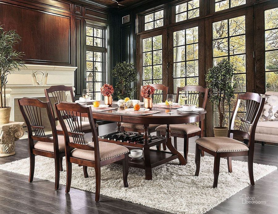 The appearance of Jordyn Dining Room Set designed by Furniture of America in the transitional interior design. This brown cherry piece of furniture  was selected by 1StopBedrooms from Jordyn Collection to add a touch of cosiness and style into your home. Sku: CM3626T;CM3626SC-2PK. Table Base Style: Legs. Table Top Shape: Oval. Material: Wood. Product Type: Dining Room Set. Image1
