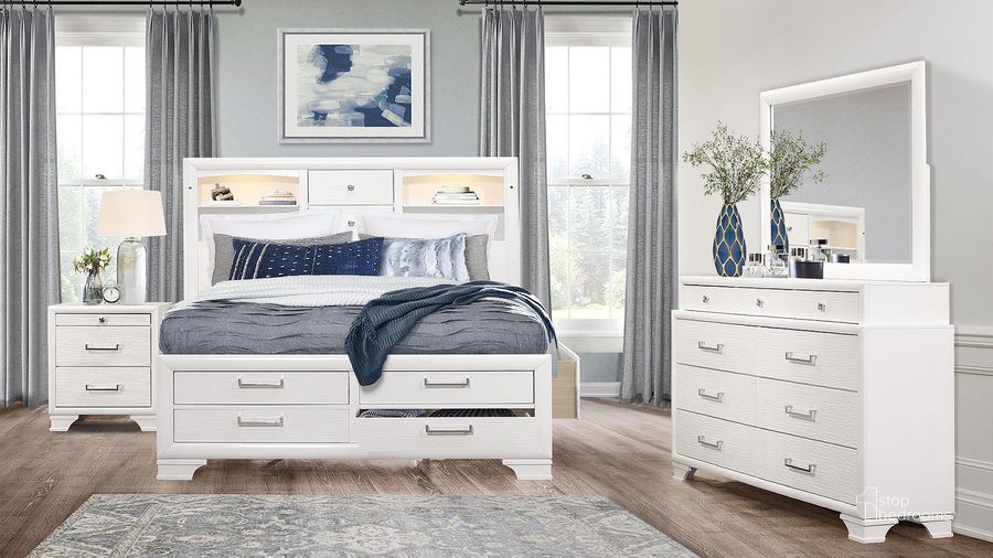 The appearance of Jordyn White Bookcase Bedroom Set designed by Global Furniture USA in the transitional interior design. This white piece of furniture  was selected by 1StopBedrooms from Jordyn Collection to add a touch of cosiness and style into your home. Sku: JORDYN-WHITE-FB-FB & SR DRAWER-1;JORDYN-WHITE-FB-SR & CTR STORAGE;JORDYN-WHITE-FB-HEADBOARD-STORAGE & LIGHT;JORDYN-WHITE-FB-FB-STORAGE & FRAME/SLATS;JORDYN-WHITE-FB-FB & SR DRAWER-2;JORDYN-WHITE-NS. Bed Type: Storage Bed. Material: Wood. Product Type: Storage Bed. Bed Size: Full. Image1