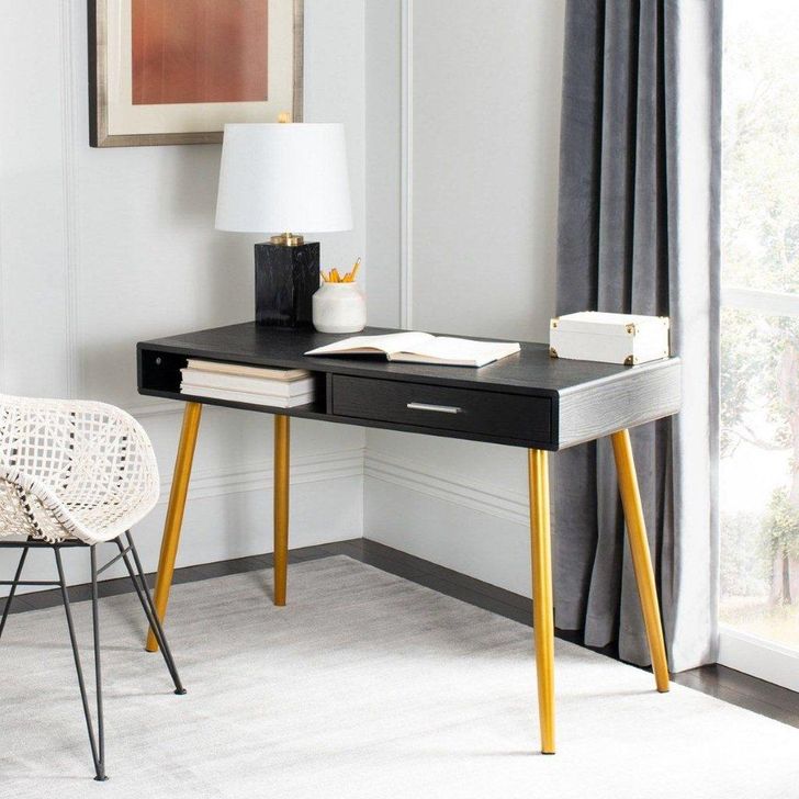 The appearance of Jorja Black and Gold 1 Drawer Home Office Set designed by Safavieh in the transitional interior design. This black and gold piece of furniture  was selected by 1StopBedrooms from Jorja Collection to add a touch of cosiness and style into your home. Sku: DSK2200B;DCH4002A-SET2. Material: Metal. Product Type: Home Office Set. Image1