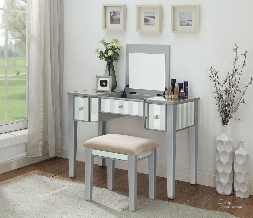 The appearance of Joyce Vanity With Stool In Silver designed by Furniture of America in the transitional interior design. This silver piece of furniture  was selected by 1StopBedrooms from Joyce Collection to add a touch of cosiness and style into your home. Sku: CM-DK6385SV-UPS3. Material: Wood. Product Type: Vanity Set.