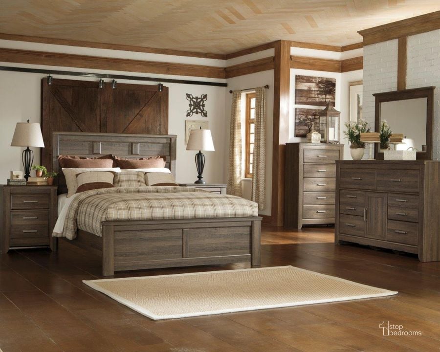 The appearance of Juararo Panel Bedroom Set designed by Signature Design by Ashley in the transitional interior design. This dark brown piece of furniture  was selected by 1StopBedrooms from Juararo Collection to add a touch of cosiness and style into your home. Sku: B251-57;B251-54;B251-98;B251-92. Bed Type: Panel Bed. Material: Wood. Product Type: Panel Bed. Bed Size: Queen. Image1