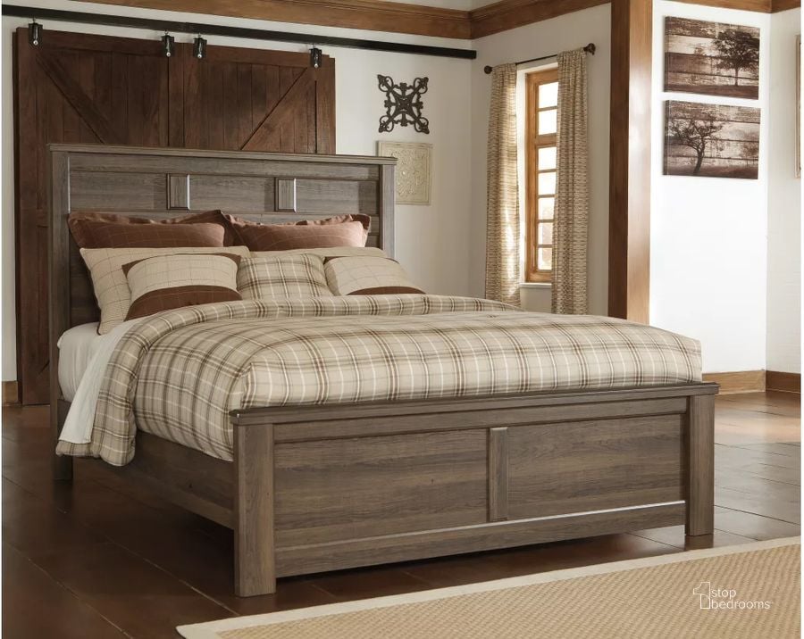 The appearance of Juararo Queen Panel Bed designed by Signature Design by Ashley in the transitional interior design. This dark brown piece of furniture  was selected by 1StopBedrooms from Juararo Collection to add a touch of cosiness and style into your home. Sku: B251-57;B251-54;B251-98. Bed Type: Panel Bed. Material: Wood. Product Type: Panel Bed. Bed Size: Queen. Image1