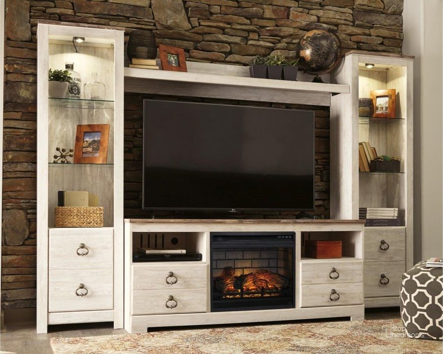 The appearance of Judith Place White Wash Entertainment Center and Wall 0qd24542454c designed by Harbour Home in the transitional interior design. This white wash piece of furniture  was selected by 1StopBedrooms from Judith Place Collection to add a touch of cosiness and style into your home. Sku: W100-101;W267-24;W267-24;W267-27;W267-68. Material: Wood. Product Type: Entertainment Center. Image1