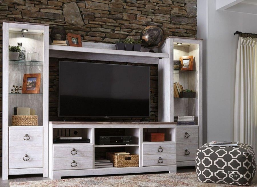 The appearance of Judith Place White Wash Entertainment Center and Wall 0qd2299976c designed by Harbour Home in the transitional interior design. This white wash piece of furniture  was selected by 1StopBedrooms from Judith Place Collection to add a touch of cosiness and style into your home. Sku: W267-68;W267-24;W267-24;W267-27. Material: Wood. Product Type: Entertainment Wall. Image1