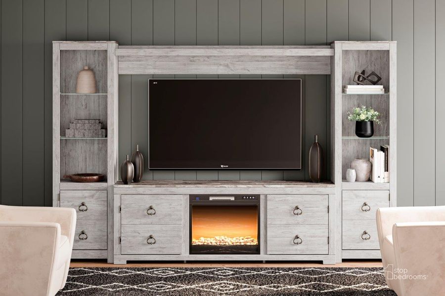 The appearance of Judith Place White Wash Entertainment Center and Wall 0qd24533006c designed by Harbour Home in the transitional interior design. This white wash piece of furniture  was selected by 1StopBedrooms from Judith Place Collection to add a touch of cosiness and style into your home. Sku: W267-168;W267-127;W267-124;W267-124;W100-02. Material: Wood. Product Type: Entertainment Center. Image1