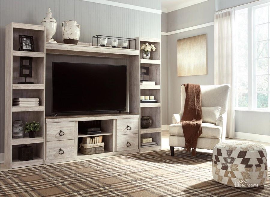 The appearance of Judith Place White Wash Entertainment Center and Wall 0qd24542397c designed by Harbour Home in the transitional interior design. This white wash piece of furniture  was selected by 1StopBedrooms from Judith Place Collection to add a touch of cosiness and style into your home. Sku: EW0267-124;EW0267-124;EW0267-127;EW0267-268. Material: Wood. Product Type: Entertainment Center. Image1