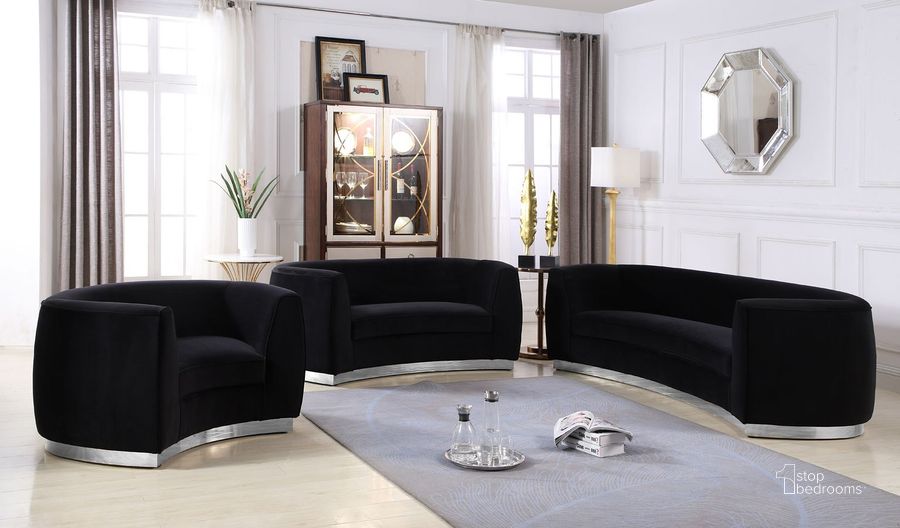 The appearance of Julian Living Room Set (Black/ Chrome) designed by Meridian in the modern / contemporary interior design. This black velvet piece of furniture  was selected by 1StopBedrooms from Julian Collection to add a touch of cosiness and style into your home. Sku: 621Black-S;621Black-L. Product Type: Living Room Set. Material: Velvet. Image1
