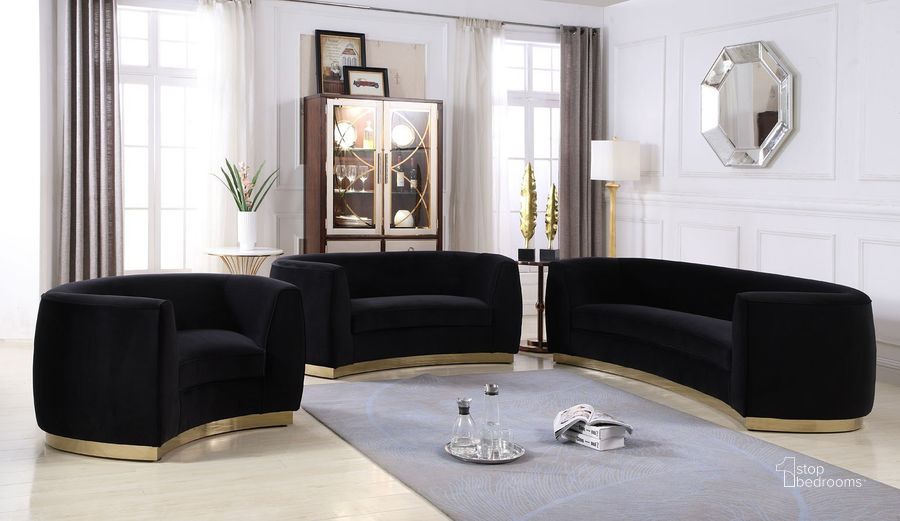 The appearance of Julian Living Room Set (Black/ Gold) designed by Meridian in the modern / contemporary interior design. This black velvet piece of furniture  was selected by 1StopBedrooms from Julian Collection to add a touch of cosiness and style into your home. Sku: 620Black-S;620Black-L. Product Type: Living Room Set. Material: Velvet. Image1