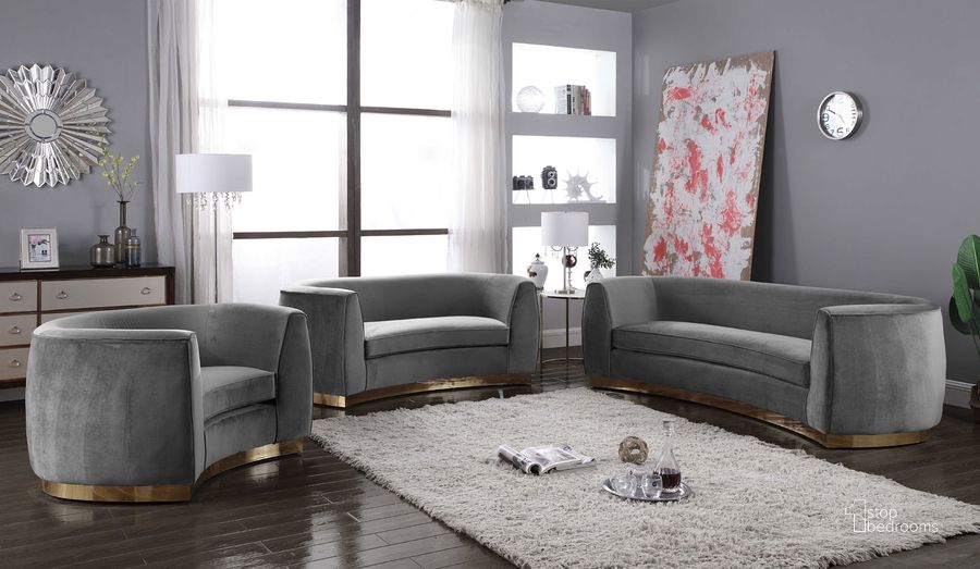 The appearance of Julian Living Room Set (Grey/ Gold) designed by Meridian in the modern / contemporary interior design. This grey velvet piece of furniture  was selected by 1StopBedrooms from Julian Collection to add a touch of cosiness and style into your home. Sku: 620Grey-S;620Grey-L. Product Type: Living Room Set. Material: Velvet. Image1