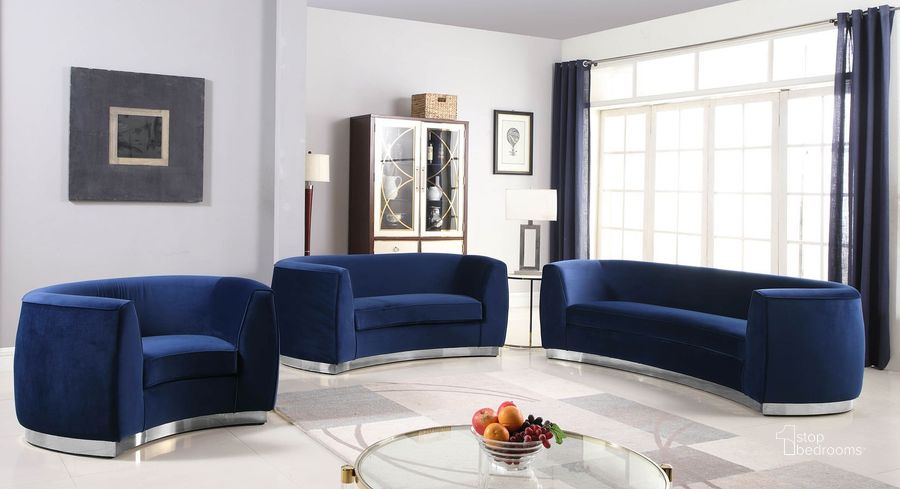 The appearance of Julian Living Room Set (Navy/ Chrome) designed by Meridian in the modern / contemporary interior design. This navy velvet piece of furniture  was selected by 1StopBedrooms from Julian Collection to add a touch of cosiness and style into your home. Sku: 621Navy-S;621Navy-L. Product Type: Living Room Set. Material: Velvet. Image1