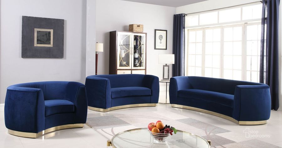 The appearance of Julian Living Room Set (Navy/ Gold) designed by Meridian in the modern / contemporary interior design. This navy velvet piece of furniture  was selected by 1StopBedrooms from Julian Collection to add a touch of cosiness and style into your home. Sku: 620Navy-S;620Navy-L. Product Type: Living Room Set. Material: Velvet. Image1