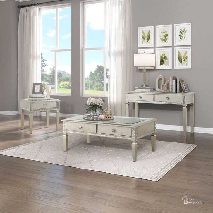 The appearance of Juliette Silver Occasional Table Set designed by Homelegance in the transitional interior design. This silver piece of furniture  was selected by 1StopBedrooms from Juliette Collection to add a touch of cosiness and style into your home. Sku: 5844-30;5844-04. Material: Wood. Product Type: Occasional Table Set. Image1