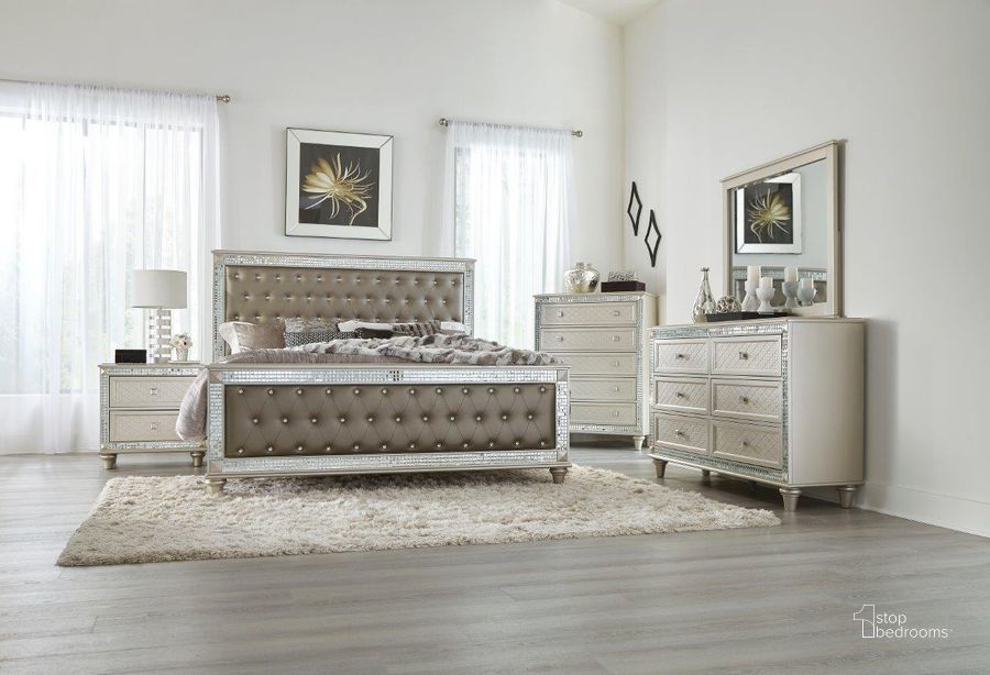 The appearance of Juliette Silver Panel Bedroom Set designed by Homelegance in the transitional interior design. This silver and grey piece of furniture  was selected by 1StopBedrooms from Juliette Collection to add a touch of cosiness and style into your home. Sku: 5844-1;5844-2;5844-3;5844-4. Bed Type: Panel Bed. Material: Wood. Product Type: Panel Bed. Bed Size: Queen. Image1
