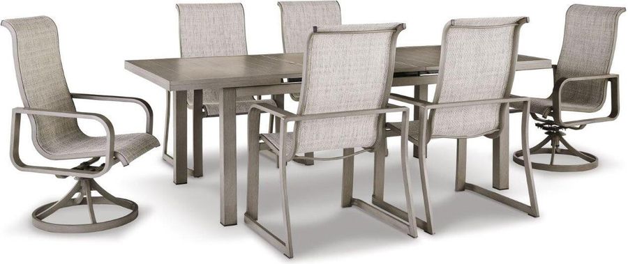 The appearance of Juliettsville Beige Outdoor Dining Set Outdoor Dining Furniture Set 0qd24401907 designed by Luxe Linea in the modern / contemporary interior design. This beige piece of furniture  was selected by 1StopBedrooms from Juliettsville Collection to add a touch of cosiness and style into your home. Sku: P323-635;P323-603A. Material: Metal. Table Top Shape: Rectangular. Product Type: Outdoor Dining Set. Size: 42". Image1